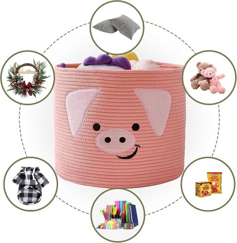 OMERAI Animal Baskets Cotton Rope Woven Storage Basket for Toys Blankets Laundry Nursery, Large Foldable Organizer with Cute Pig Design and Handles, 15"D x 12.6"H (Pink) in Kuwait