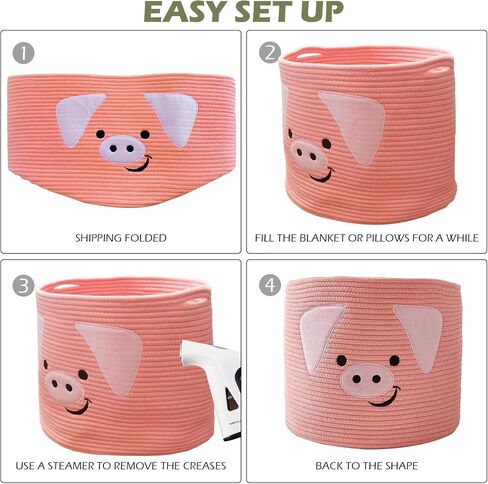 OMERAI Animal Baskets Cotton Rope Woven Storage Basket for Toys Blankets Laundry Nursery, Large Foldable Organizer with Cute Pig Design and Handles, 15"D x 12.6"H (Pink) in Kuwait