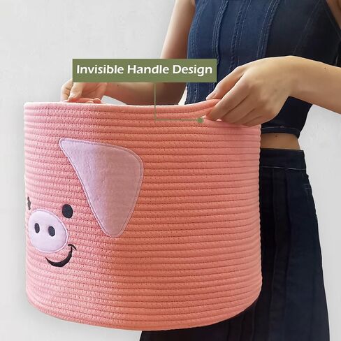 OMERAI Animal Baskets Cotton Rope Woven Storage Basket for Toys Blankets Laundry Nursery, Large Foldable Organizer with Cute Pig Design and Handles, 15"D x 12.6"H (Pink) in Kuwait