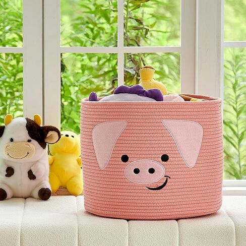 OMERAI Animal Baskets Cotton Rope Woven Storage Basket for Toys Blankets Laundry Nursery, Large Foldable Organizer with Cute Pig Design and Handles, 15"D x 12.6"H (Pink) in Kuwait