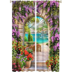 Italian Bathroom Curtains,Seaview Through Stone Arch Blackout Rod Pocket Window Drapes for Living Room Bedroom Kitchen Home Decor W42xL45in in Kuwait