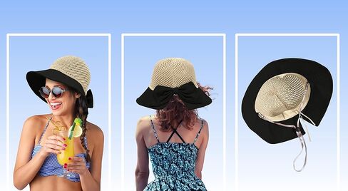 Women's Straw Sun Hat, Wide Brim UPF 50+ UV Protection, Foldable Packable Floppy Beach Hat with Bow & Chin Strap in Kuwait