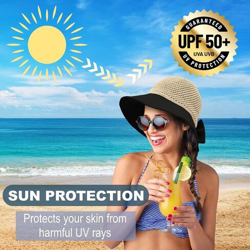 Women's Straw Sun Hat, Wide Brim UPF 50+ UV Protection, Foldable Packable Floppy Beach Hat with Bow & Chin Strap in Kuwait