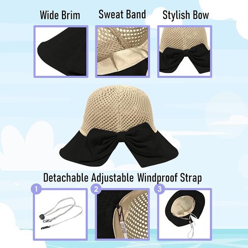 Women's Straw Sun Hat, Wide Brim UPF 50+ UV Protection, Foldable Packable Floppy Beach Hat with Bow & Chin Strap in Kuwait
