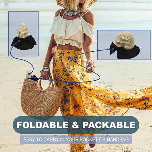 Women's Straw Sun Hat, Wide Brim UPF 50+ UV Protection, Foldable Packable Floppy Beach Hat with Bow & Chin Strap in Kuwait