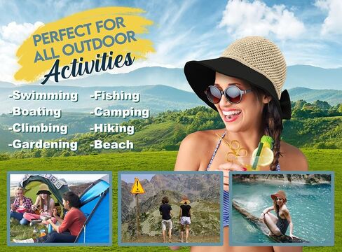 Women's Straw Sun Hat, Wide Brim UPF 50+ UV Protection, Foldable Packable Floppy Beach Hat with Bow & Chin Strap in Kuwait