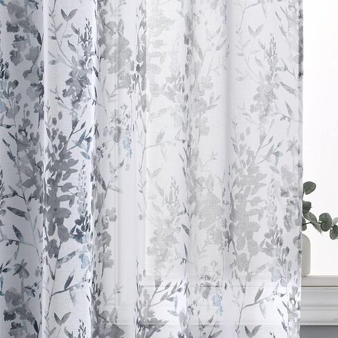 Kotile Green White Sheer Curtains, Country Branch Leaf Print Sheer Curtains 63 Inch Length for Bedroom, Rod Pocket Privacy Floral Sheer Window Curtains, 50 x 63 Inch, 2 Panels, Green in Kuwait