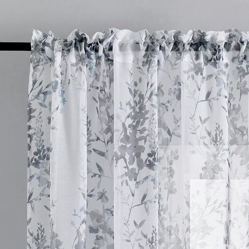 Kotile Green White Sheer Curtains, Country Branch Leaf Print Sheer Curtains 63 Inch Length for Bedroom, Rod Pocket Privacy Floral Sheer Window Curtains, 50 x 63 Inch, 2 Panels, Green in Kuwait