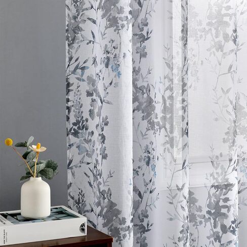 Kotile Green White Sheer Curtains, Country Branch Leaf Print Sheer Curtains 63 Inch Length for Bedroom, Rod Pocket Privacy Floral Sheer Window Curtains, 50 x 63 Inch, 2 Panels, Green in Kuwait