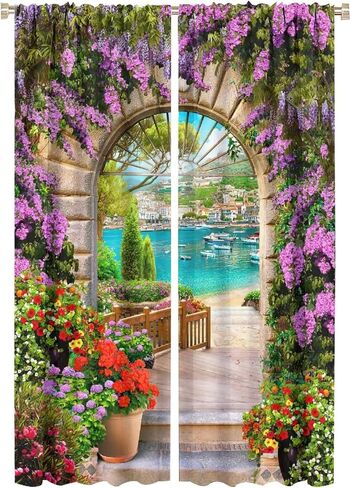 Italian Bathroom Curtains,Seaview Through Stone Arch Blackout Rod Pocket Window Drapes for Living Room Bedroom Kitchen Home Decor W42xL45in in Kuwait
