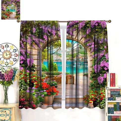 Italian Bathroom Curtains,Seaview Through Stone Arch Blackout Rod Pocket Window Drapes for Living Room Bedroom Kitchen Home Decor W42xL45in in Kuwait