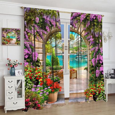 Italian Bathroom Curtains,Seaview Through Stone Arch Blackout Rod Pocket Window Drapes for Living Room Bedroom Kitchen Home Decor W42xL45in in Kuwait
