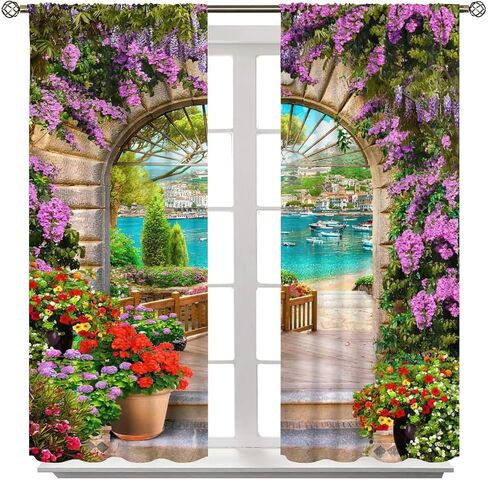 Italian Bathroom Curtains,Seaview Through Stone Arch Blackout Rod Pocket Window Drapes for Living Room Bedroom Kitchen Home Decor W42xL45in in Kuwait