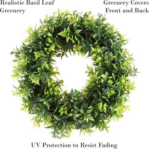 إكليل أوراق الريحان الاصطناعي - نابض بالحياة مقاس 11.5 بوصة مستدير مقاوم للأشعة فوق البنفسجية لديكور الباب الأمامي المثبت من بيور جاردن (أخضر) in Kuwait