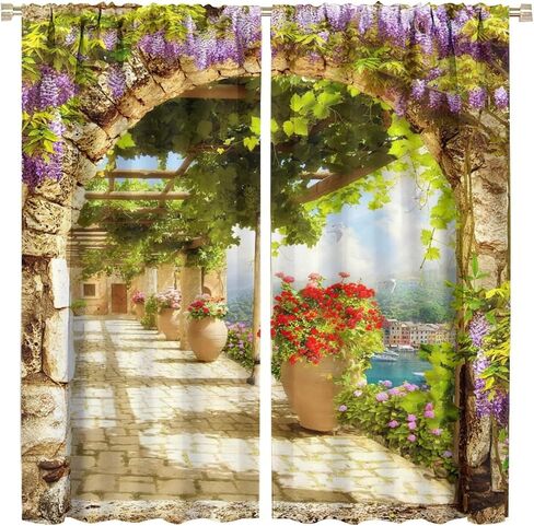 Italian Bathroom Curtains,Seaview Through Stone Arch Blackout Rod Pocket Window Drapes for Living Room Bedroom Kitchen Home Decor W42xL45in in Saudi Arabia