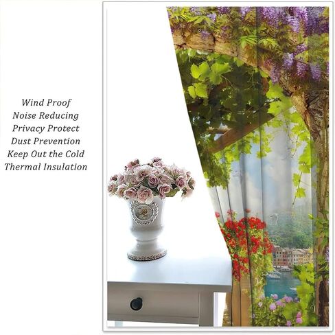 Italian Bathroom Curtains,Seaview Through Stone Arch Blackout Rod Pocket Window Drapes for Living Room Bedroom Kitchen Home Decor W42xL45in in Saudi Arabia
