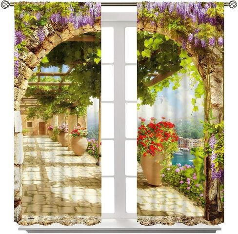 Italian Bathroom Curtains,Seaview Through Stone Arch Blackout Rod Pocket Window Drapes for Living Room Bedroom Kitchen Home Decor W42xL45in in Saudi Arabia