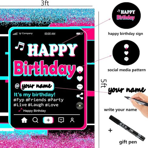 خلفية حفلات عيد ميلاد سعيد، ديكور عيد ميلاد تيك توك، خلفية بلون زهري وازرق، لوازم الحفلات ذات الطابع الموسيقي، خلفية زهرية لامعة، لافتة عيد ميلاد سعيد تيك توك مع قلم هدية in Kuwait
