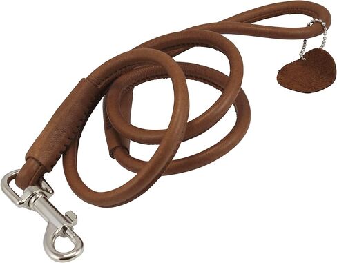 Round Genuine Rolled Leather Dog Leash 4' Long 1/2" Wide Brown for Medium Breeds in Saudi Arabia