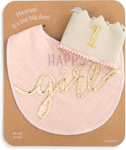 Happy Girl Birthday Soft Pink One Size Cotton Blend Fabric Hat and Bib Set in Saudi Arabia