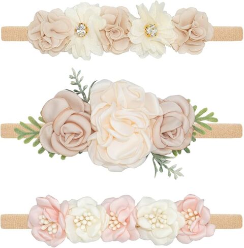 WNYUJOY طفلة الأزهار Headbands النايلون زهرة عصابات الشعر 3 قطعة إكسسوارات الشعر للأطفال حديثي الولادة الرضع الصغار in Kuwait