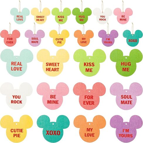 Andi Cppss 37PCS Valentine Mouse Candy Heart Wooden Hanging Ornament Decor, Mouse Wooden Slices with Ropes for Valentine's Day, Valentine Sweet Conversation Hanging Ornaments, Valentine Hanging Tags in Kuwait