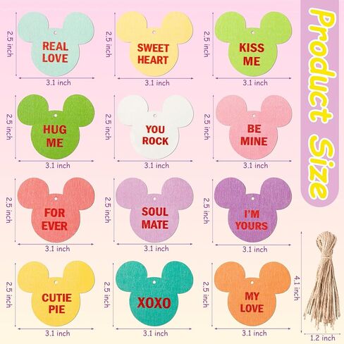 Andi Cppss 37PCS Valentine Mouse Candy Heart Wooden Hanging Ornament Decor, Mouse Wooden Slices with Ropes for Valentine's Day, Valentine Sweet Conversation Hanging Ornaments, Valentine Hanging Tags in Kuwait