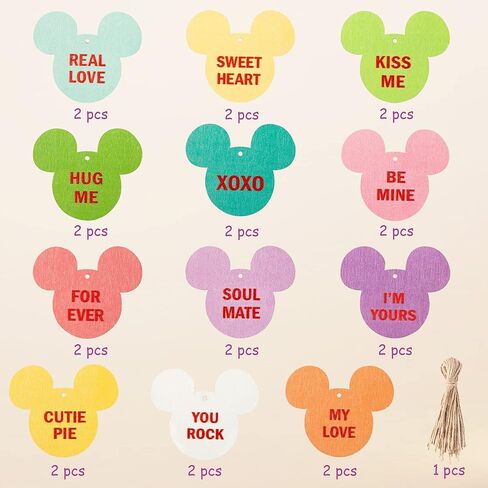 Andi Cppss 37PCS Valentine Mouse Candy Heart Wooden Hanging Ornament Decor, Mouse Wooden Slices with Ropes for Valentine's Day, Valentine Sweet Conversation Hanging Ornaments, Valentine Hanging Tags in Kuwait