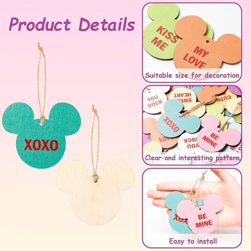 Andi Cppss 37PCS Valentine Mouse Candy Heart Wooden Hanging Ornament Decor, Mouse Wooden Slices with Ropes for Valentine's Day, Valentine Sweet Conversation Hanging Ornaments, Valentine Hanging Tags in Kuwait