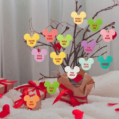 Andi Cppss 37PCS Valentine Mouse Candy Heart Wooden Hanging Ornament Decor, Mouse Wooden Slices with Ropes for Valentine's Day, Valentine Sweet Conversation Hanging Ornaments, Valentine Hanging Tags in Kuwait