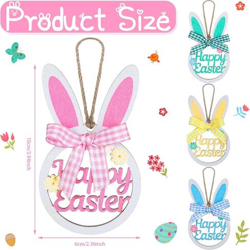 Easter Rabbit Tree Ornament Wooden Hanging Bunny Ornaments with Plaid Bow and Rope Wood Hollowed Out Easter Ornaments Cute Spring Hanging Decorative for Home Garden Decor (Bunny Ears Style, 8) in Saudi Arabia