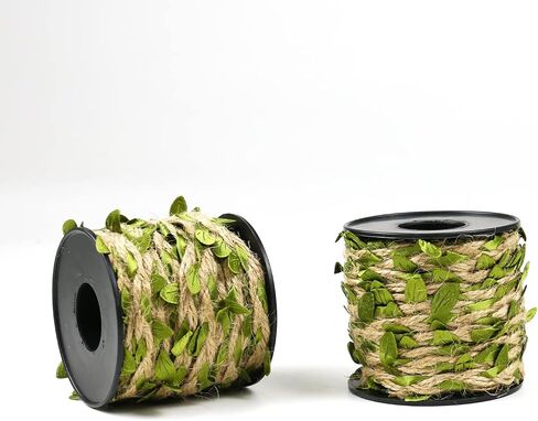 2 Rolls 66 Ft Leaf Ribbon, Burlap Twine Ribbon, Green Leaves Artificial Vines Decor, Used for Jungle Party Wedding Garden Home Decor in Saudi Arabia