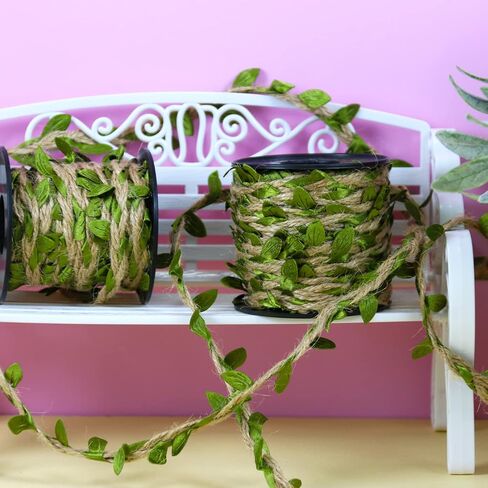 2 Rolls 66 Ft Leaf Ribbon, Burlap Twine Ribbon, Green Leaves Artificial Vines Decor, Used for Jungle Party Wedding Garden Home Decor in Saudi Arabia