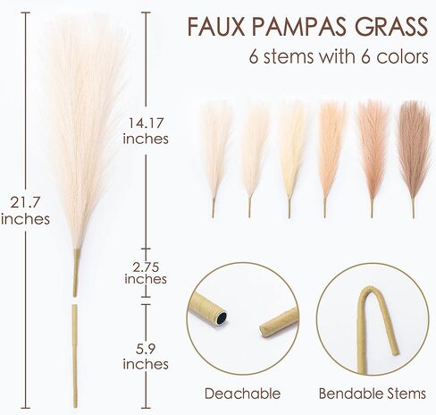 6 قطع من Vitalizart 21.7 بوصة ديكور عشب بامباس طويل القامة لمزهرية أرضية بومباس صناعية زهور مجففة لغرفة المنزل الريفي المطبخ رف جدار بوهو ديكور مزرعة الزفاف (6 ألوان) in Kuwait
