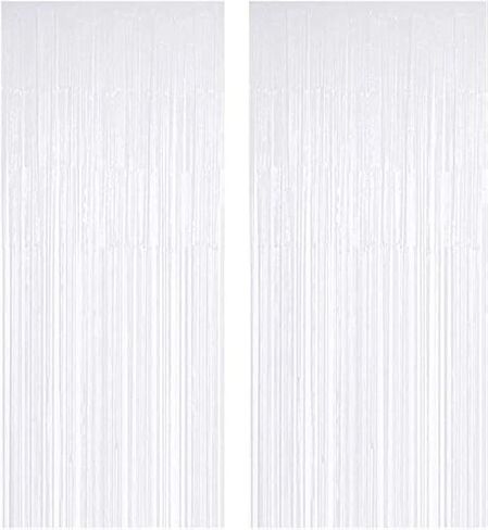 JOYYU White Foil Fringe Curtain, 2PCS 3.28FT x 8.2FT Metallic Tinsel Door Curtains Photo Booth Backdrop for Wedding Birthday Bridal Shower Baby Shower Bachelorette Christmas Party Decorations in Saudi Arabia