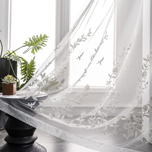 Melodieux Flower Embroidery Sheer Curtain for Living Room Patio Sliding Door Wide Window Rod Pocket Voile Drape, White Flower, 100 by 84 Inch (1 Panel) in Saudi Arabia