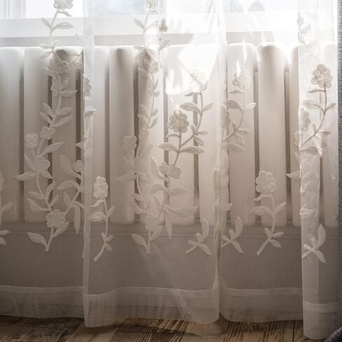 Melodieux Flower Embroidery Sheer Curtain for Living Room Patio Sliding Door Wide Window Rod Pocket Voile Drape, White Flower, 100 by 84 Inch (1 Panel) in Saudi Arabia
