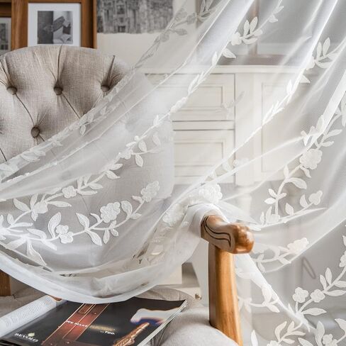 Melodieux Flower Embroidery Sheer Curtain for Living Room Patio Sliding Door Wide Window Rod Pocket Voile Drape, White Flower, 100 by 84 Inch (1 Panel) in Saudi Arabia