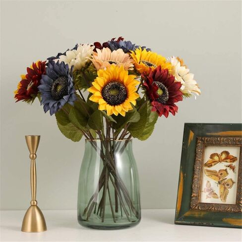 Laelfe 7PCS Artificial Sunflowers Flowers Silk Fall Sunflower Vintage Burgundy Sunflowers Decorations for Home Wedding Party Bulk Dark Center Single in Saudi Arabia