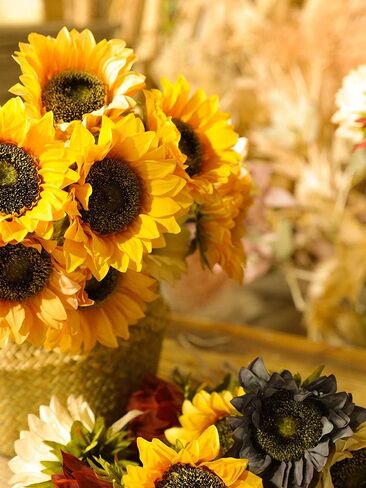 Laelfe 7PCS Artificial Sunflowers Flowers Silk Fall Sunflower Vintage Burgundy Sunflowers Decorations for Home Wedding Party Bulk Dark Center Single in Saudi Arabia