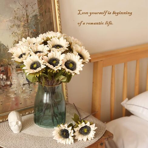 Laelfe 7PCS Artificial Sunflowers Flowers Silk Fall Sunflower Vintage Burgundy Sunflowers Decorations for Home Wedding Party Bulk Dark Center Single in Saudi Arabia