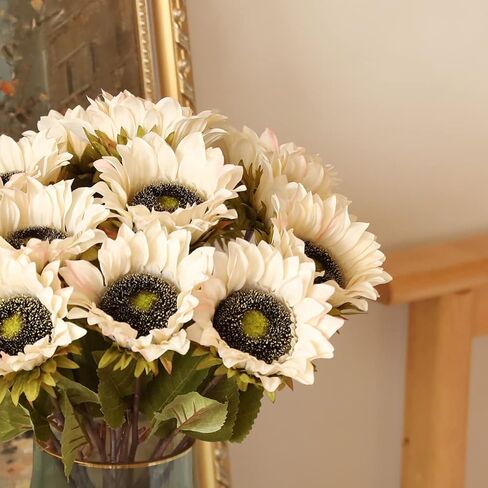 Laelfe 7PCS Artificial Sunflowers Flowers Silk Fall Sunflower Vintage Burgundy Sunflowers Decorations for Home Wedding Party Bulk Dark Center Single in Saudi Arabia
