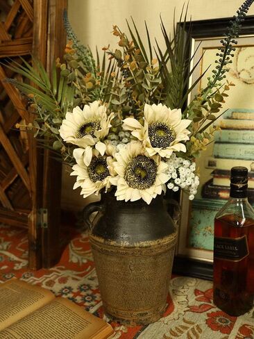 Laelfe 7PCS Artificial Sunflowers Flowers Silk Fall Sunflower Vintage Burgundy Sunflowers Decorations for Home Wedding Party Bulk Dark Center Single in Saudi Arabia
