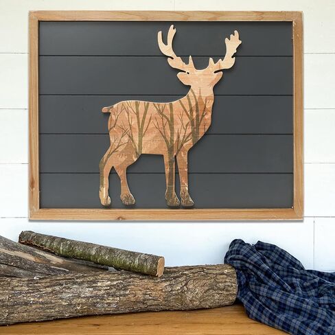 SwallowLiving 21 x 16 Inches Cabin Deer Wall Decor Large 3D Deer Rustic Wooden Forest Mountain Wall Art Woodland Decorative Farmhouse Wildlife Lodge Animal Elk Wood Framed Decor in Saudi Arabia