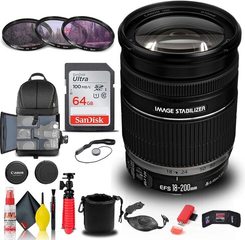 Canon EF-S 18-200mm f/3.5-5.6 is Lens (2752B002) + Filter Kit + Backpack + 64GB Card + Lens Pouch + Card Reader + Flex Tripod + Memory Wallet + Cap Keeper + Cleaning Kit + Hand Strap + More (Renewed) in Saudi Arabia