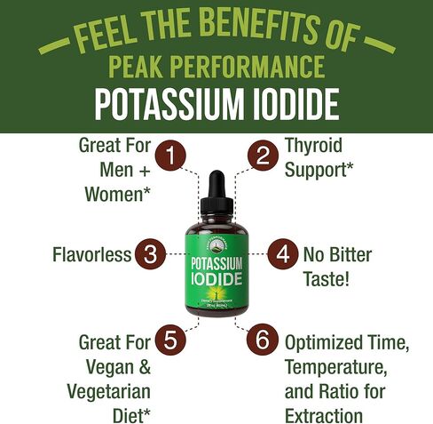 قطرات سائلة من يوديد البوتاسيوم لحماية الغدة الدرقية. 1 سنة العرض. ملحق اليود النباتي. امتصاص أفضل مقارنة بحبوب وأقراص يوديد البوتاسيوم. خالٍ من الغلوتين، تم اختباره في الولايات المتحدة الأمريكية in Kuwait