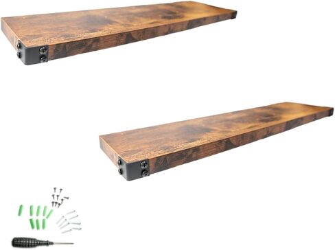 أرفف عائمة لواقي الفم المحارب للحمام والمطبخ - تخزين ديكور المزرعة الريفية ورفوف عرض الحائط، مجموعة من 2، بني in Kuwait