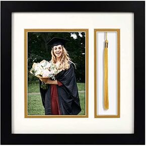 Golden State Art - 10x10 Black Shadow Box Frame - 5x7 Photo - Tassel - Double Mat (Black Over Gold) - Square - Sawtooth Hanger - Wall Mount - Real Glass - Graduation Theme
