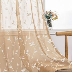 AmHoo 2 Panels Embroidered Leaf Pattern Semi Sheer Curtains Foliage Floral Voile Window Draperies Treatment for Bedroom Living Room Rod Pocket White Light Gray 53 x 63 Inch in Kuwait