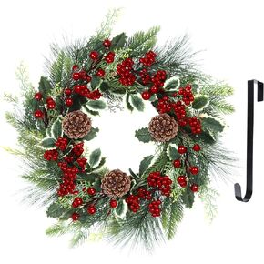 Christmas Wreath, Xmas Wreath for Front Door with Hanger, Farmhouse Rattan Base Christmas Decor with Red Berry Pine Cone Spruce, Artificial Wreath Christmas Decorations for Indoor Outdoor Use, 18 Inch in Saudi Arabia